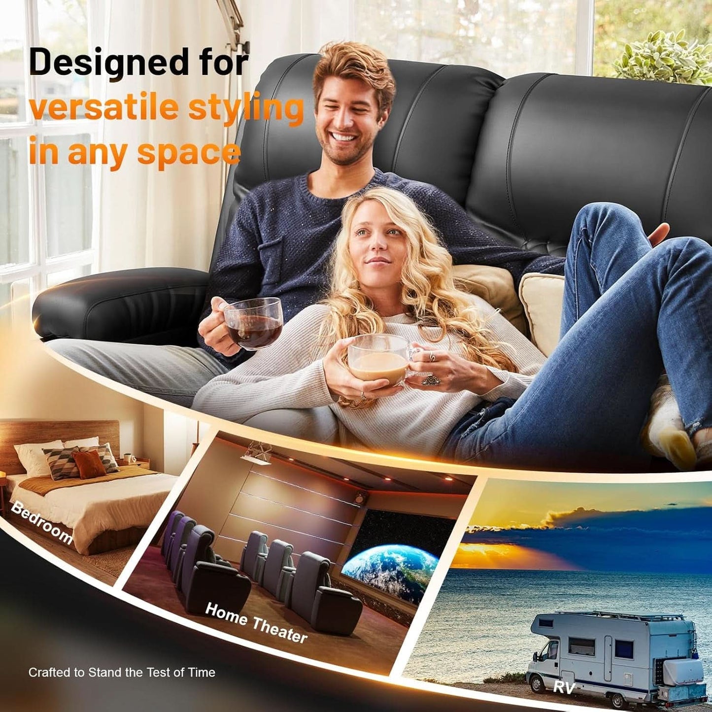 Black PU Leather Four Seater Recliner With USB Ports