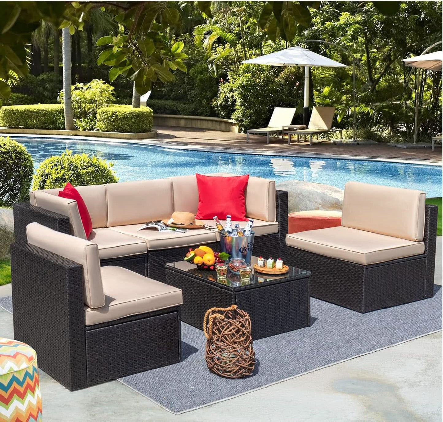 Six Piece Outdoor Rattan Sectional Sofa Set with Cushions