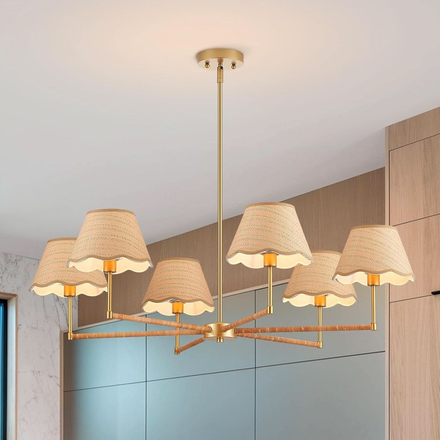 39 Inch Boho Rattan Chandelier Pendant Light 6 Lights