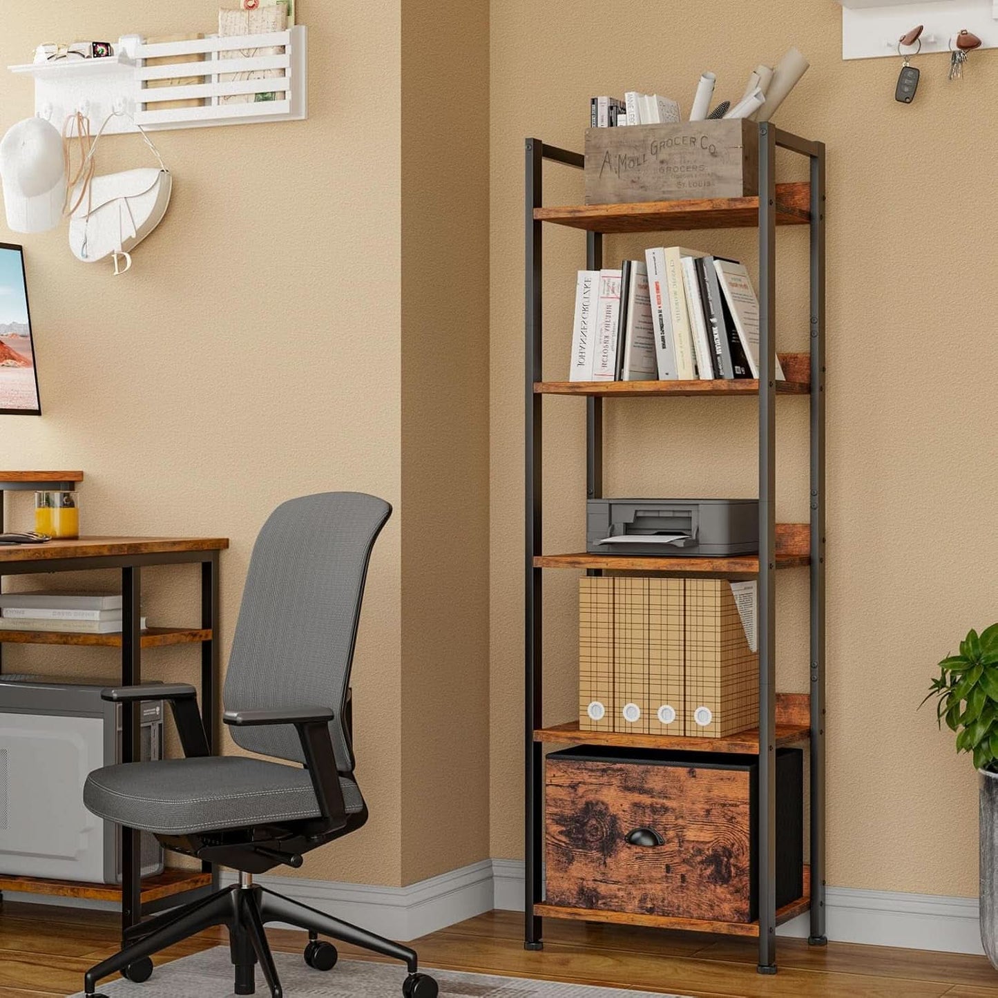 5 Tier Bookshelf With Drawer Tall Narrow Wood Bookcase