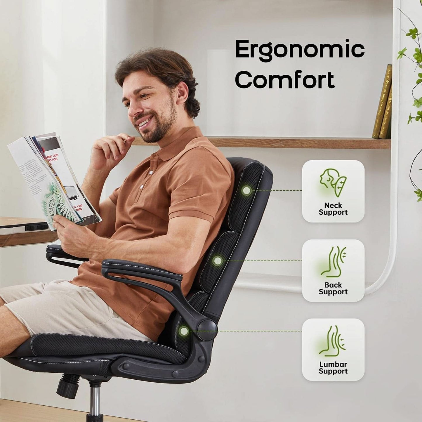 Bonded Leather Office Chair With Flip Up Arms Black