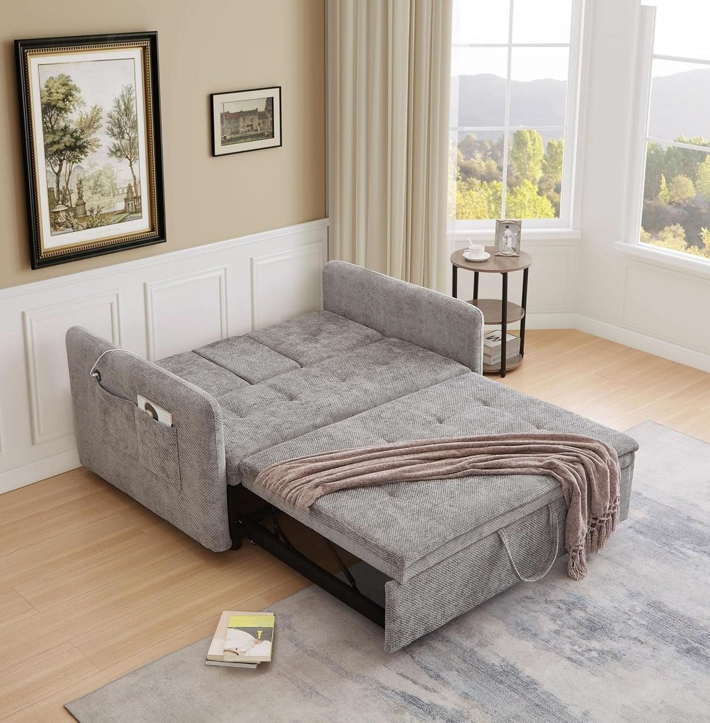 57 Inch Convertible Sofa Bed With USB Charging Ports Grey