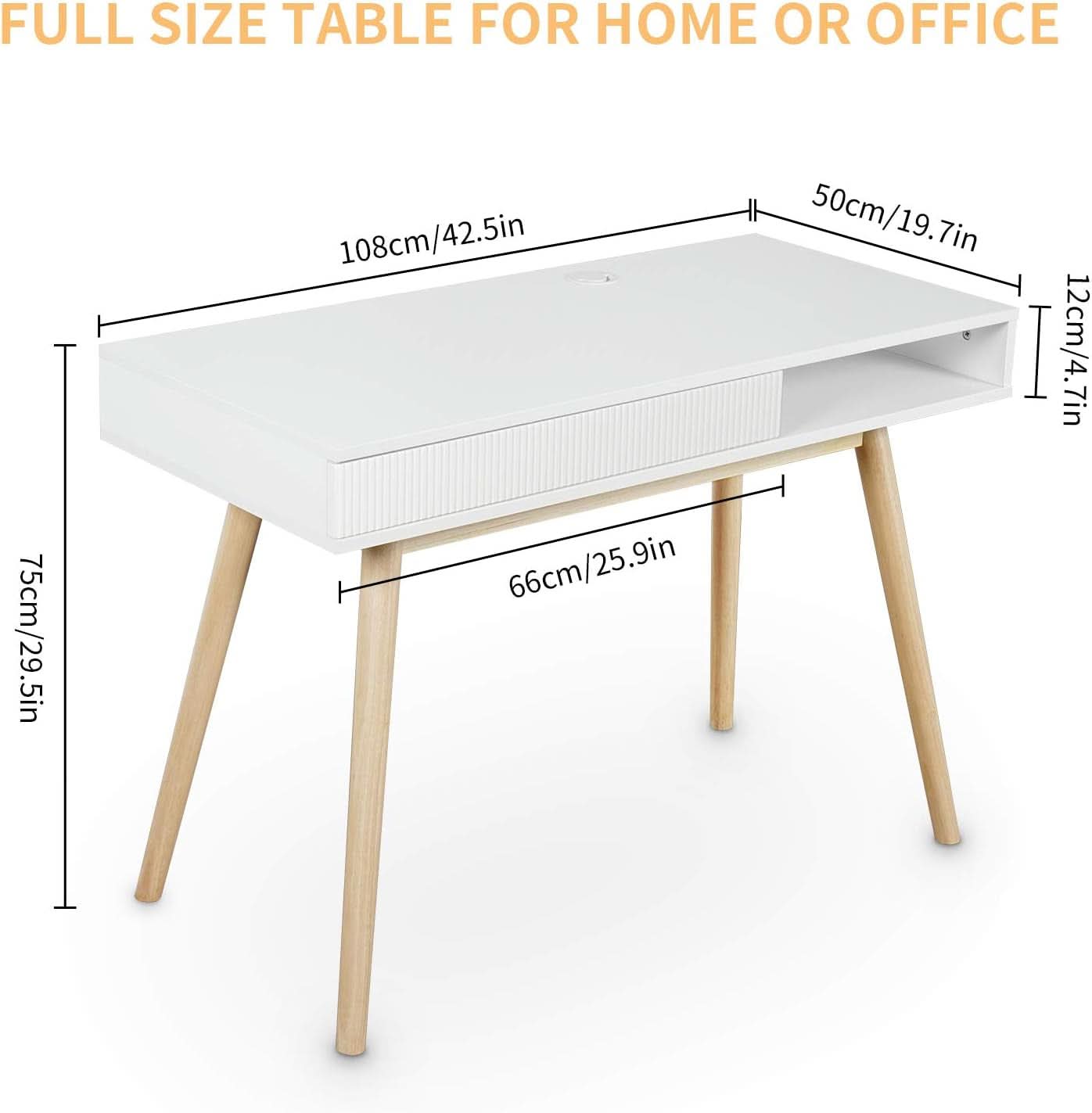 White Mid Century Modern Desk With Hidden Drawer For Home Office