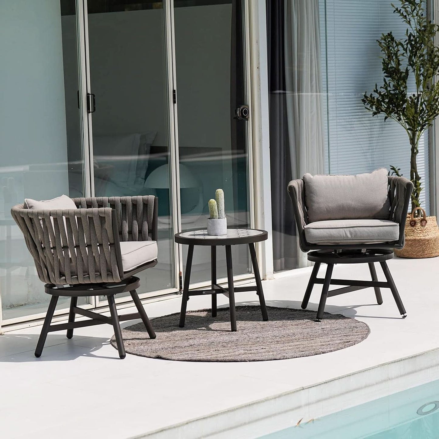 Outdoor Dining Chair Set of 3 Swivel Rope Armchairs Gray