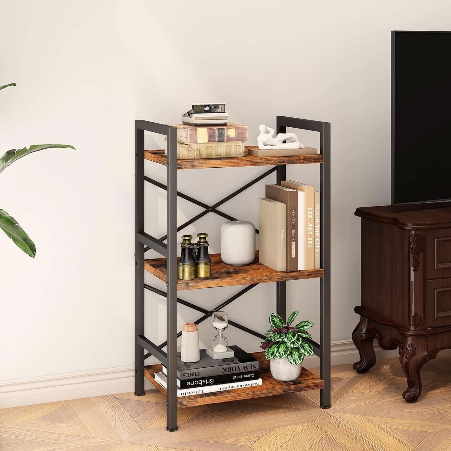 Rustic Brown 3 Tier Metal Bookshelf For Living Room