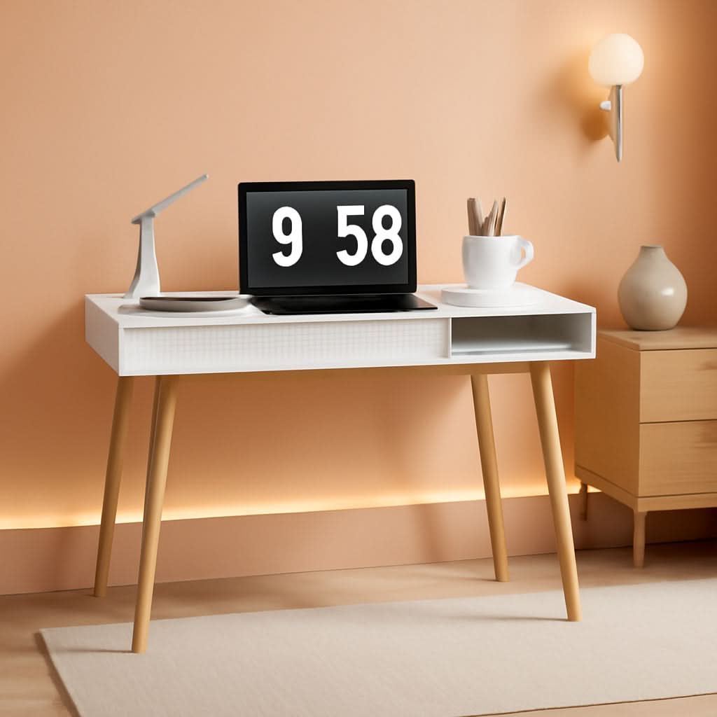 White Mid Century Modern Desk With Hidden Drawer For Home Office