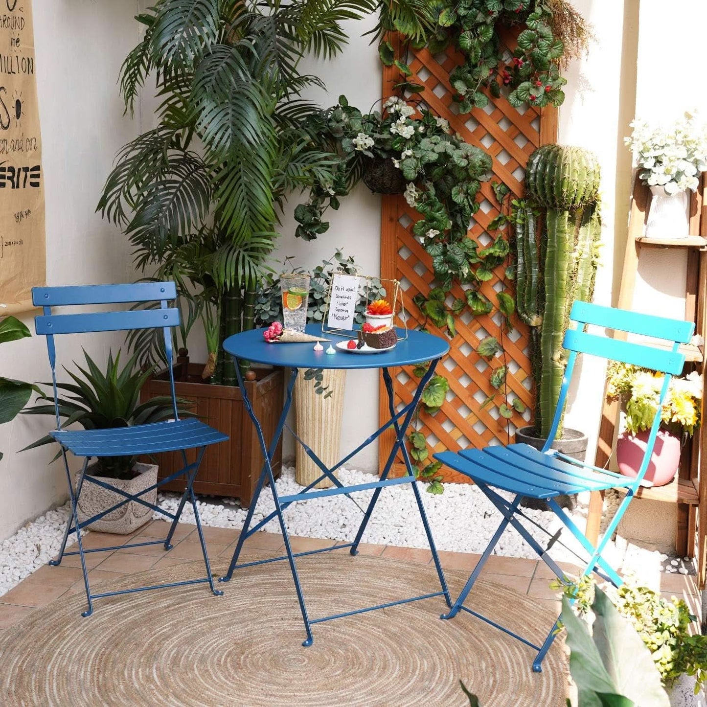 Peacock Blue 3 Piece Folding Bistro Set For Patio Garden