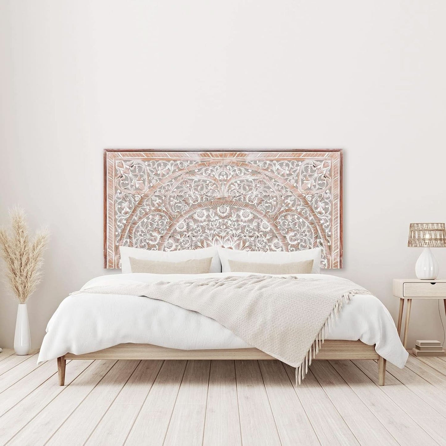 Handcrafted White-Wash Wooden Queen Headboard with Carved Design