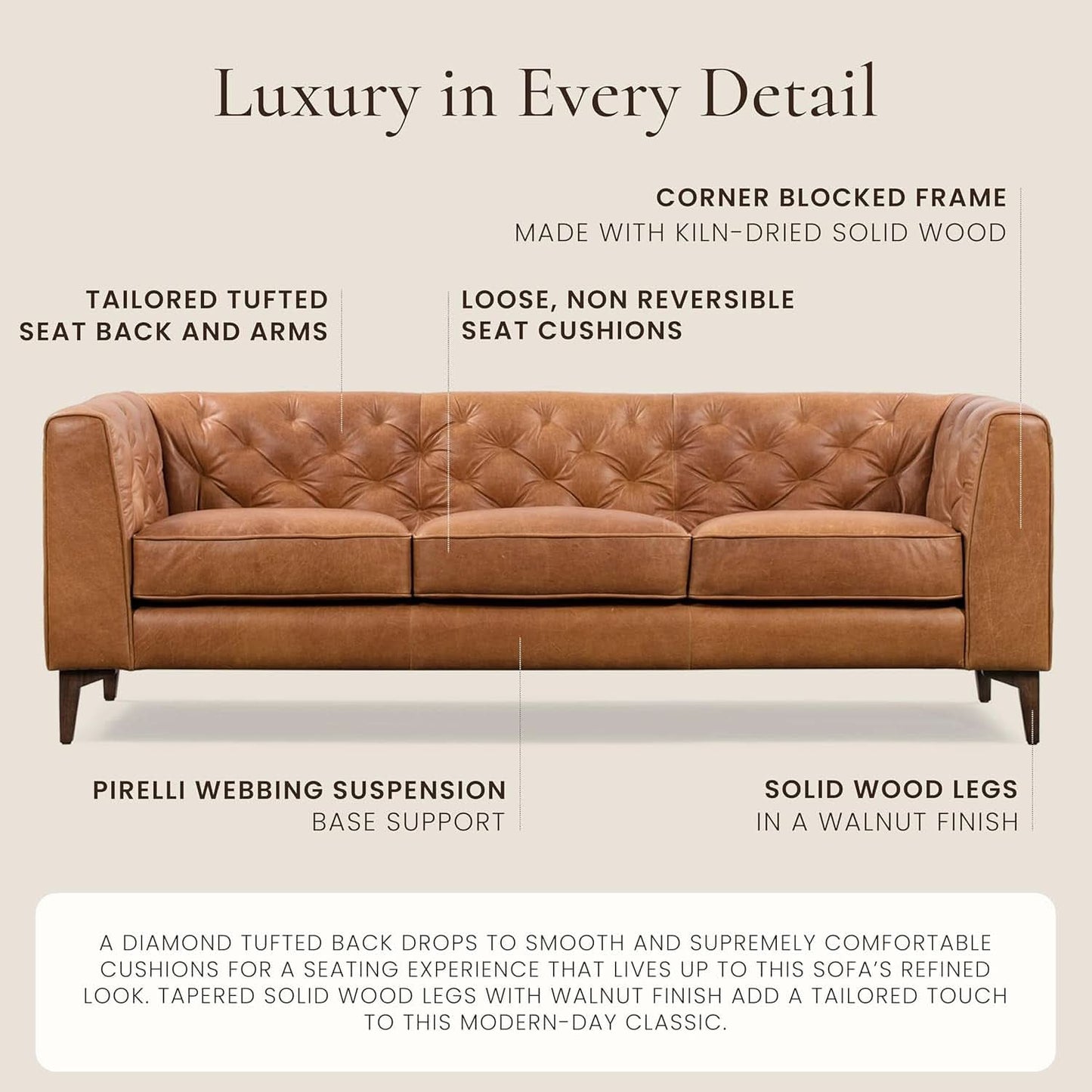 Cognac Tan Leather Sofa with Tufted Back Design