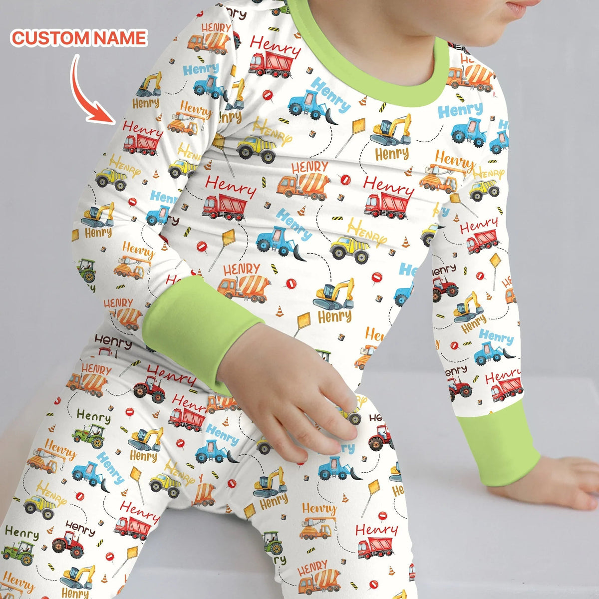 Construction Vehicles Custom Name Two Piece Long Sleeve Pajama Set