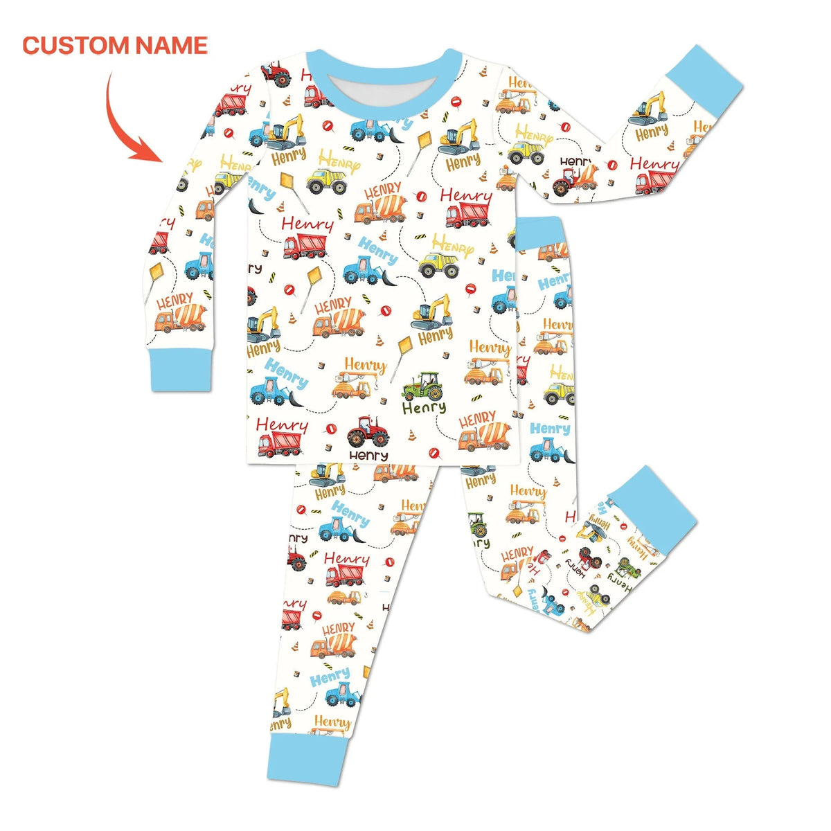 Construction Vehicles Custom Name Two Piece Long Sleeve Pajama Set