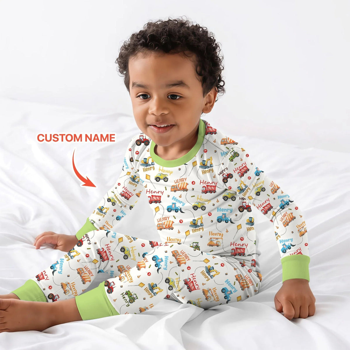 Construction Vehicles Custom Name Two Piece Long Sleeve Pajama Set