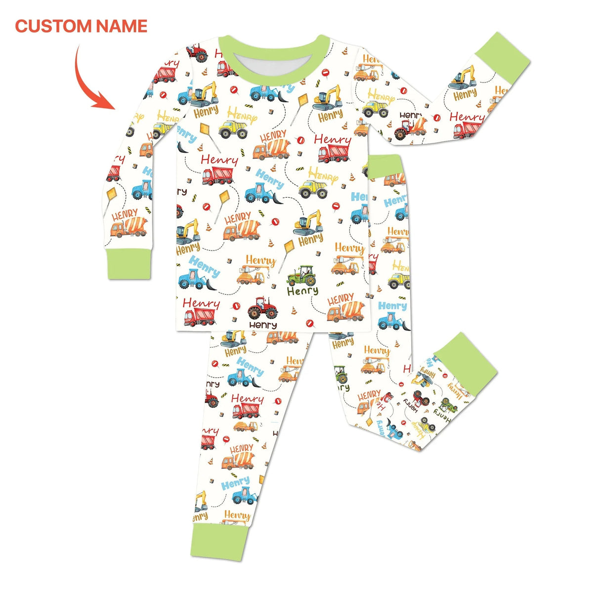Construction Vehicles Custom Name Two Piece Long Sleeve Pajama Set