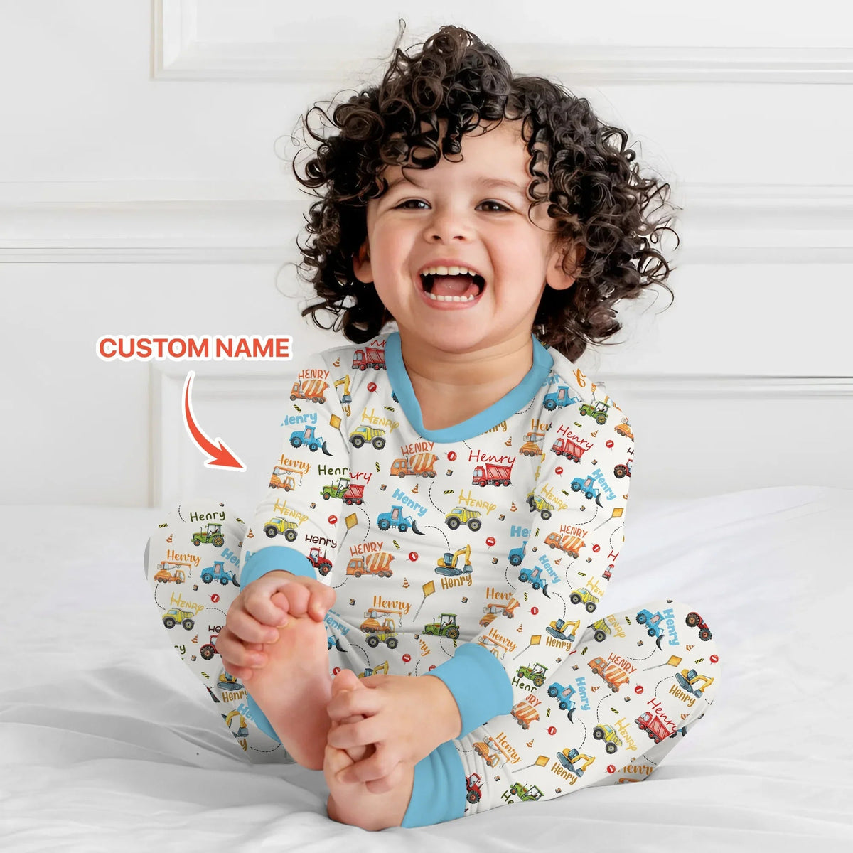 Construction Vehicles Custom Name Two Piece Long Sleeve Pajama Set
