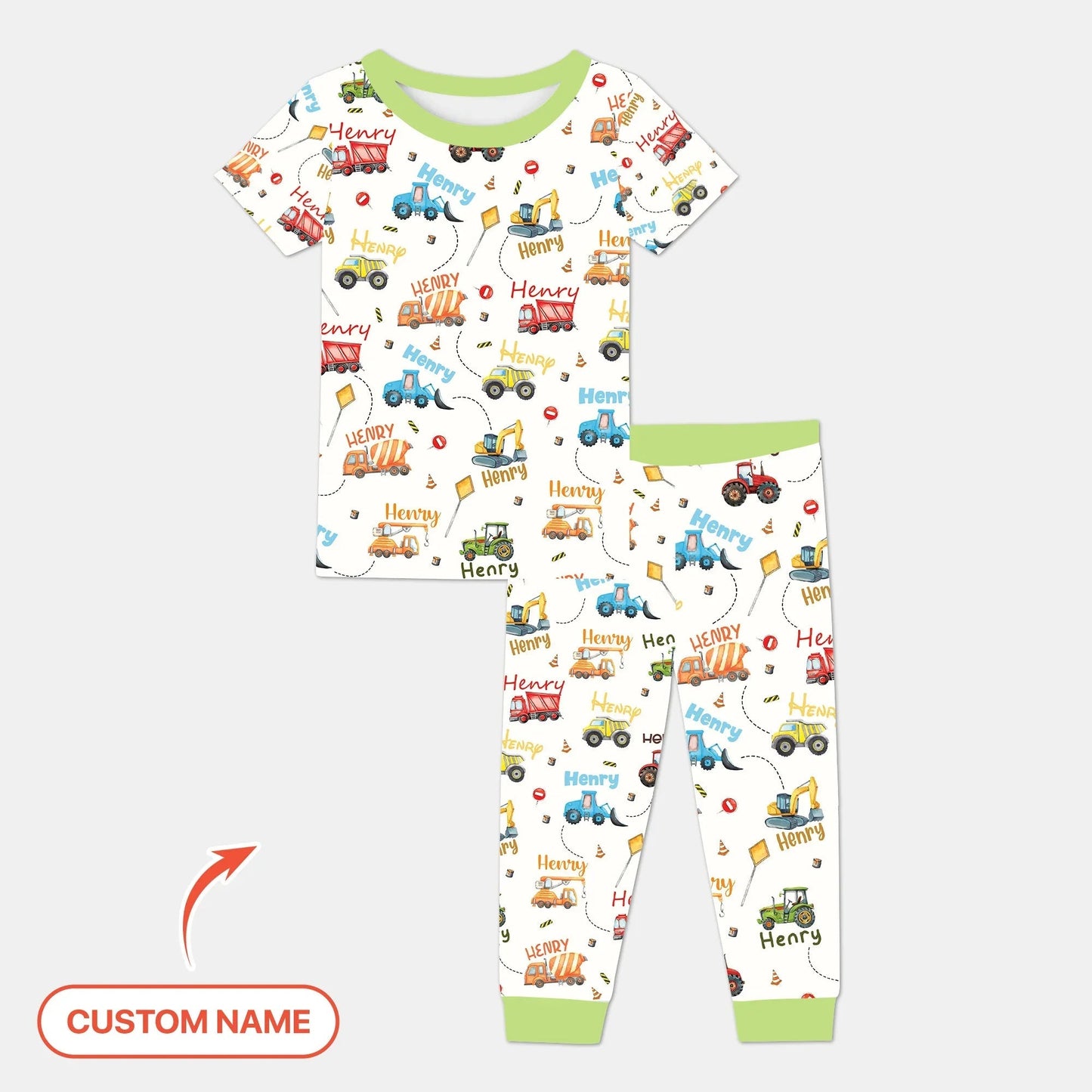 Construction Vehicles Custom Name Two Piece Short Sleeve Pajama Set