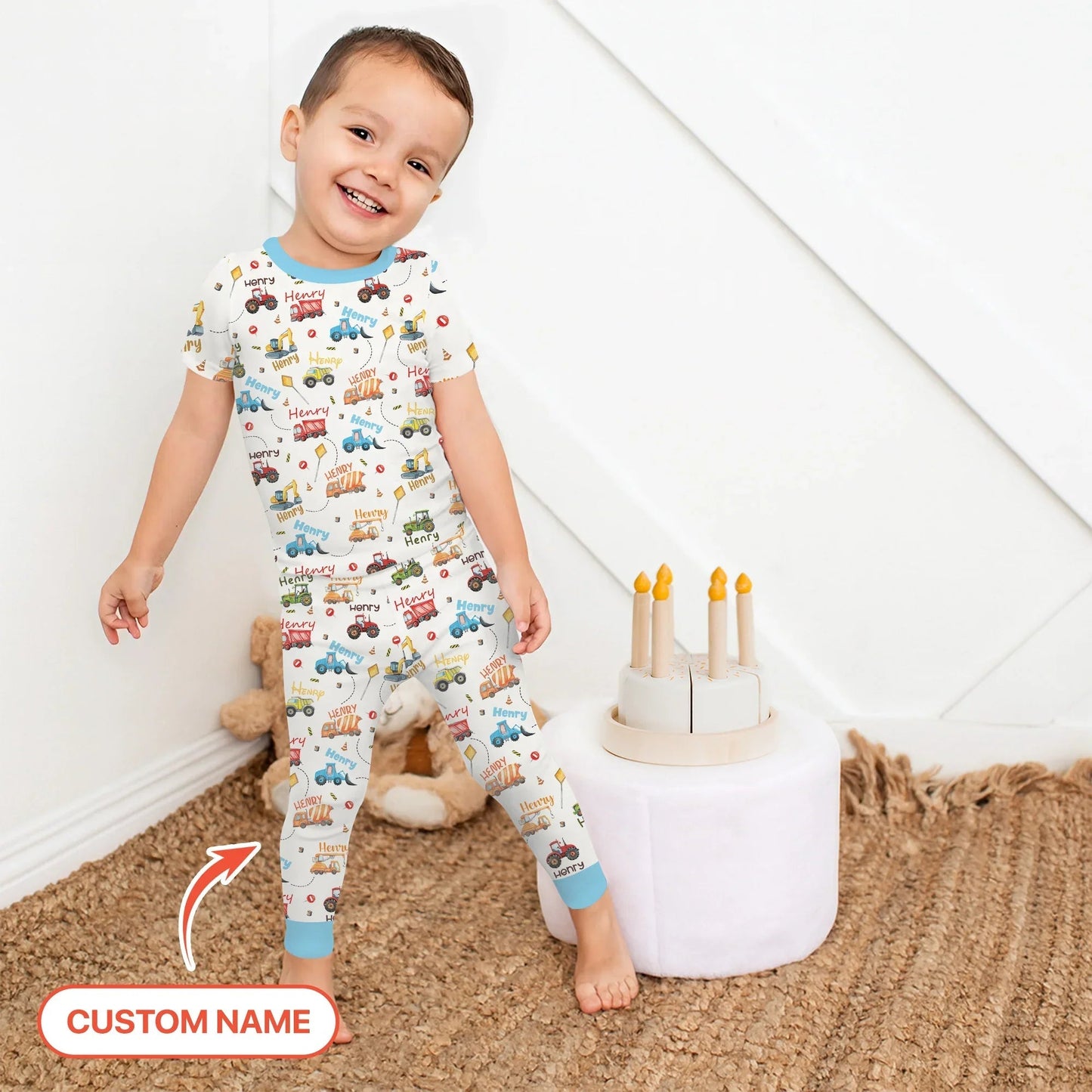 Construction Vehicles Custom Name Two Piece Short Sleeve Pajama Set