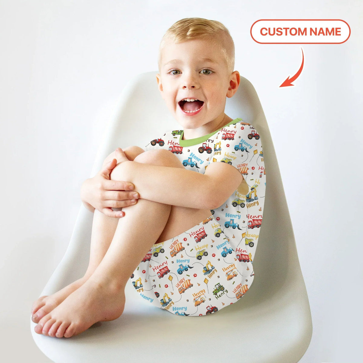 Construction Vehicles Custom Name Two Piece Short Sleeve Shorts Pajama Set