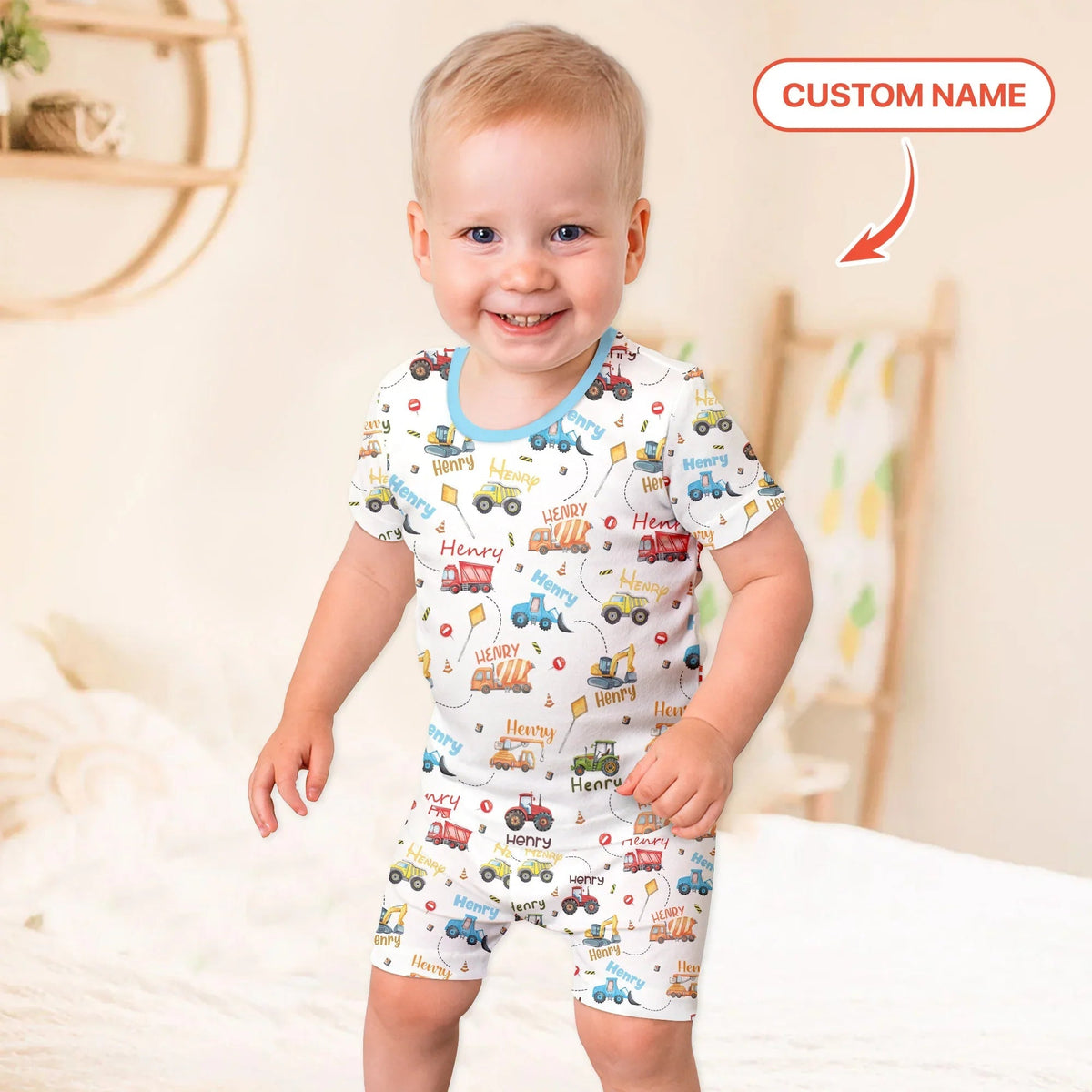 Construction Vehicles Custom Name Two Piece Short Sleeve Shorts Pajama Set