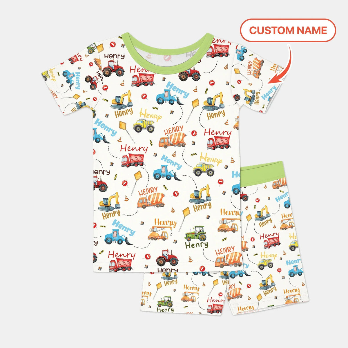 Construction Vehicles Custom Name Two Piece Short Sleeve Shorts Pajama Set