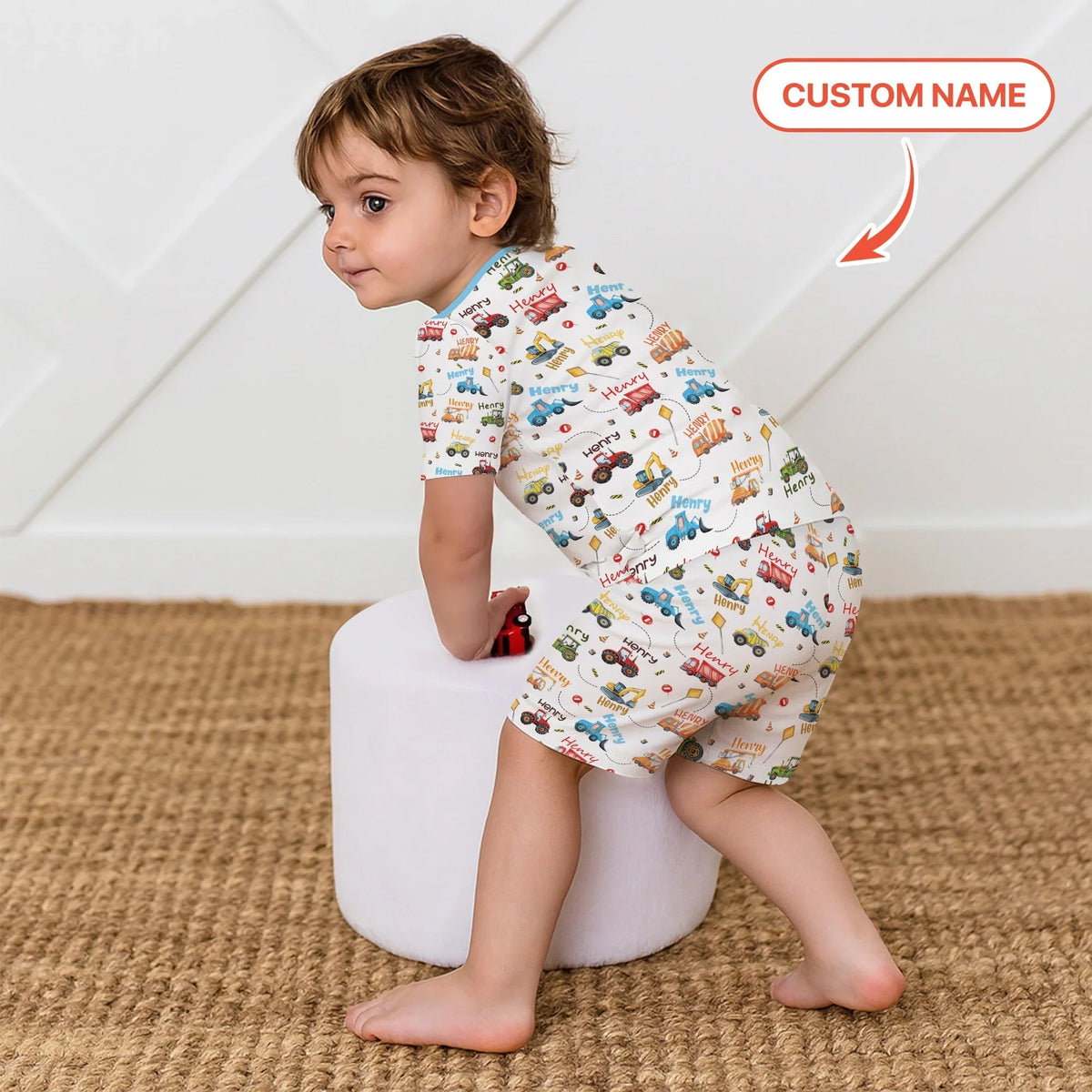 Construction Vehicles Custom Name Two Piece Short Sleeve Shorts Pajama Set