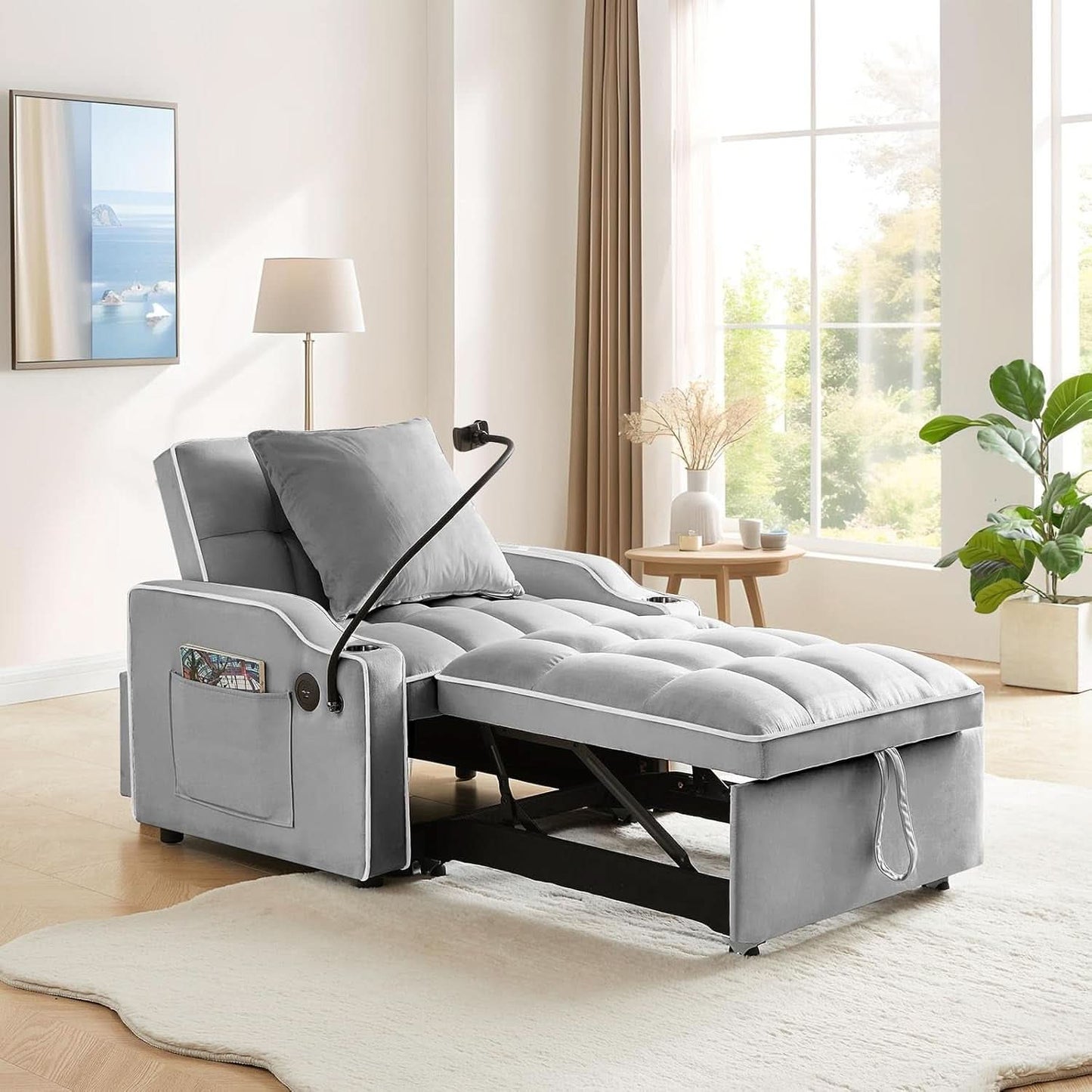 Convertible Sleeper Chair Bed with USB Ports and Holder