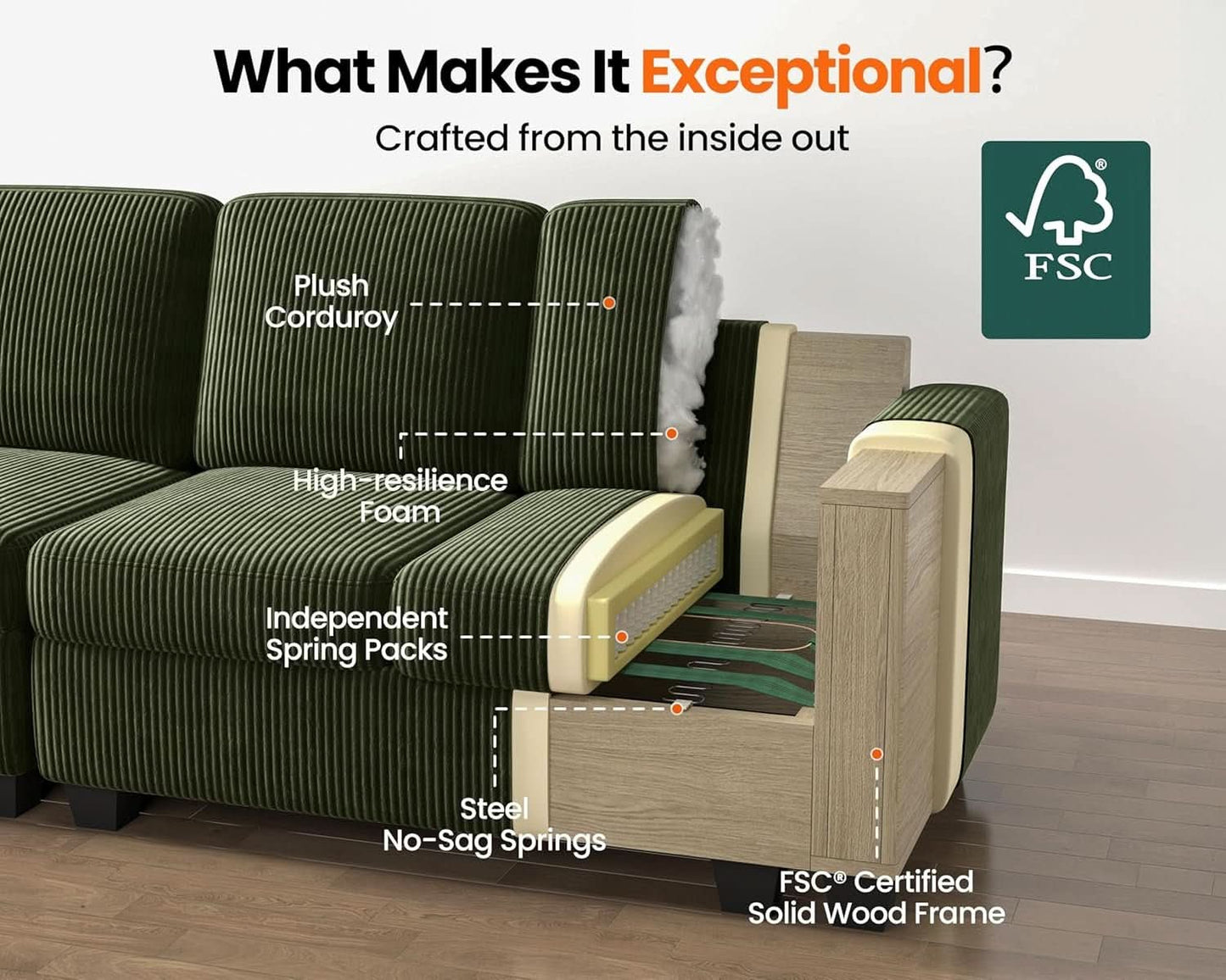 Corduroy Modular L Shaped Couch with Storage Ottoman