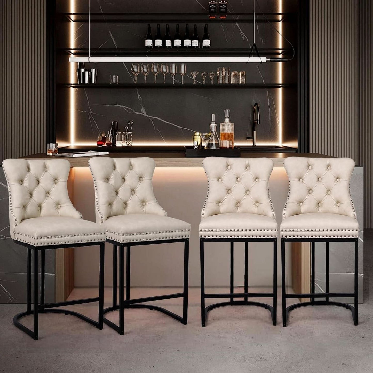 24 Inch Counter Height Bar Stools Beige With Back Faux Leather