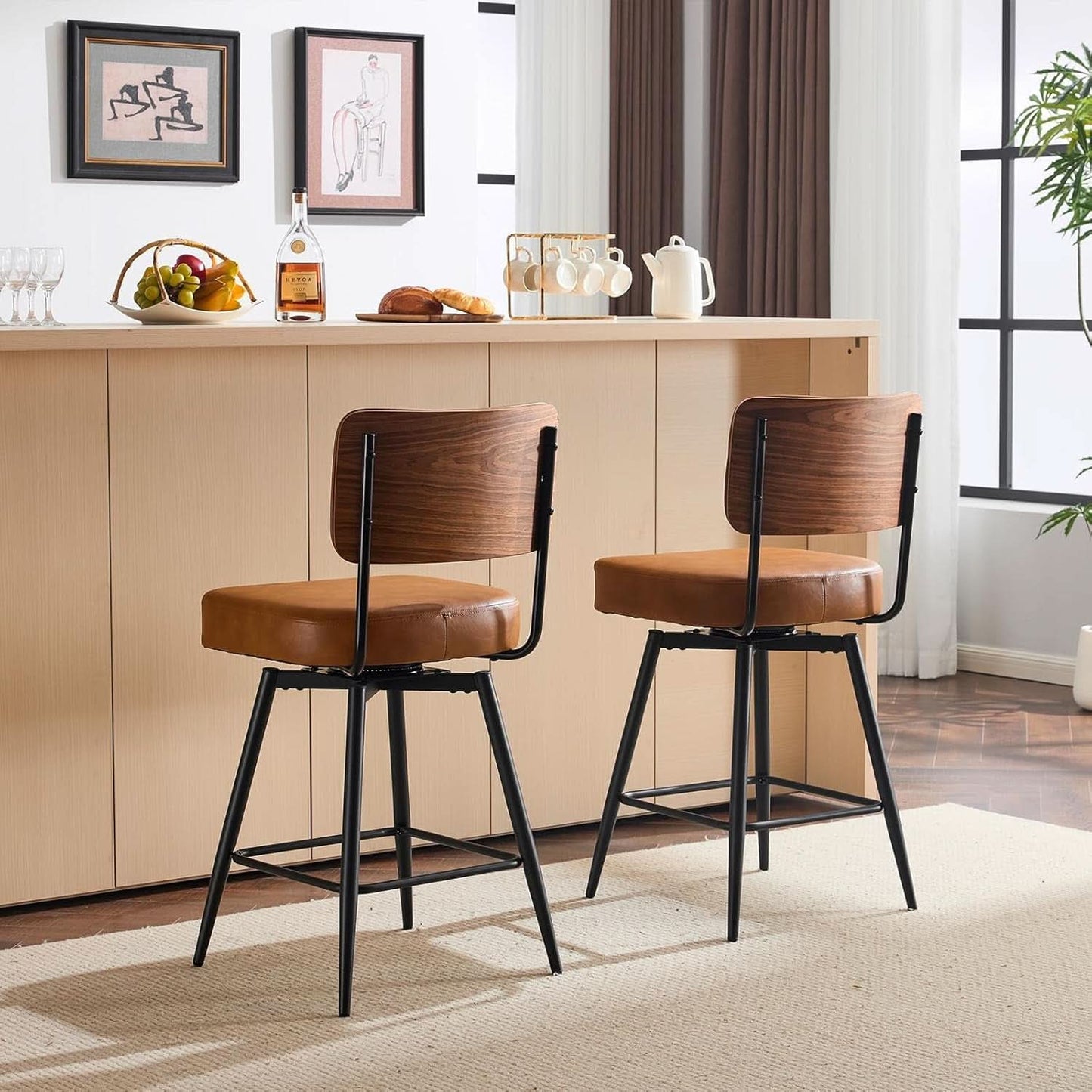 Counter Height Bar Stools Set Of 2 26 Inch Brown PU Leather
