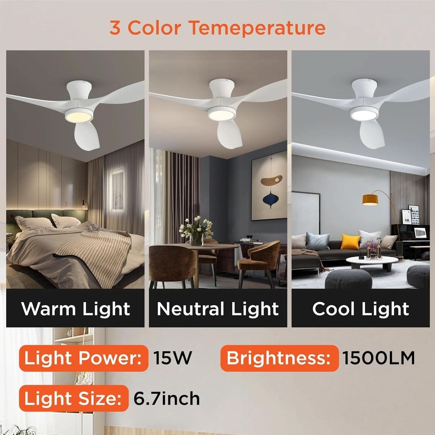 52 Inch Ceiling Fan With Remote And Quiet DC Motor For Bedroom And Living Room
