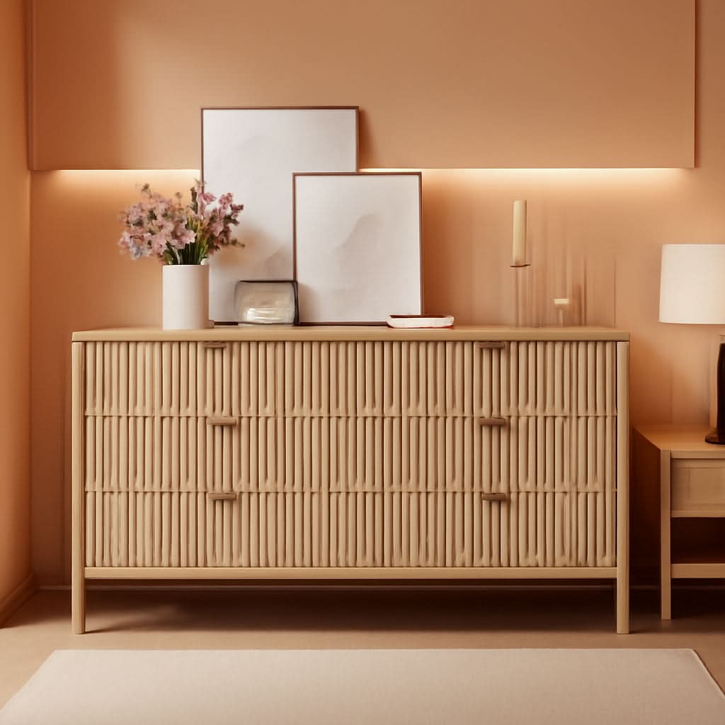 Solid Oak 55 Inch Wide Dresser With Six Drawers For Bedroom