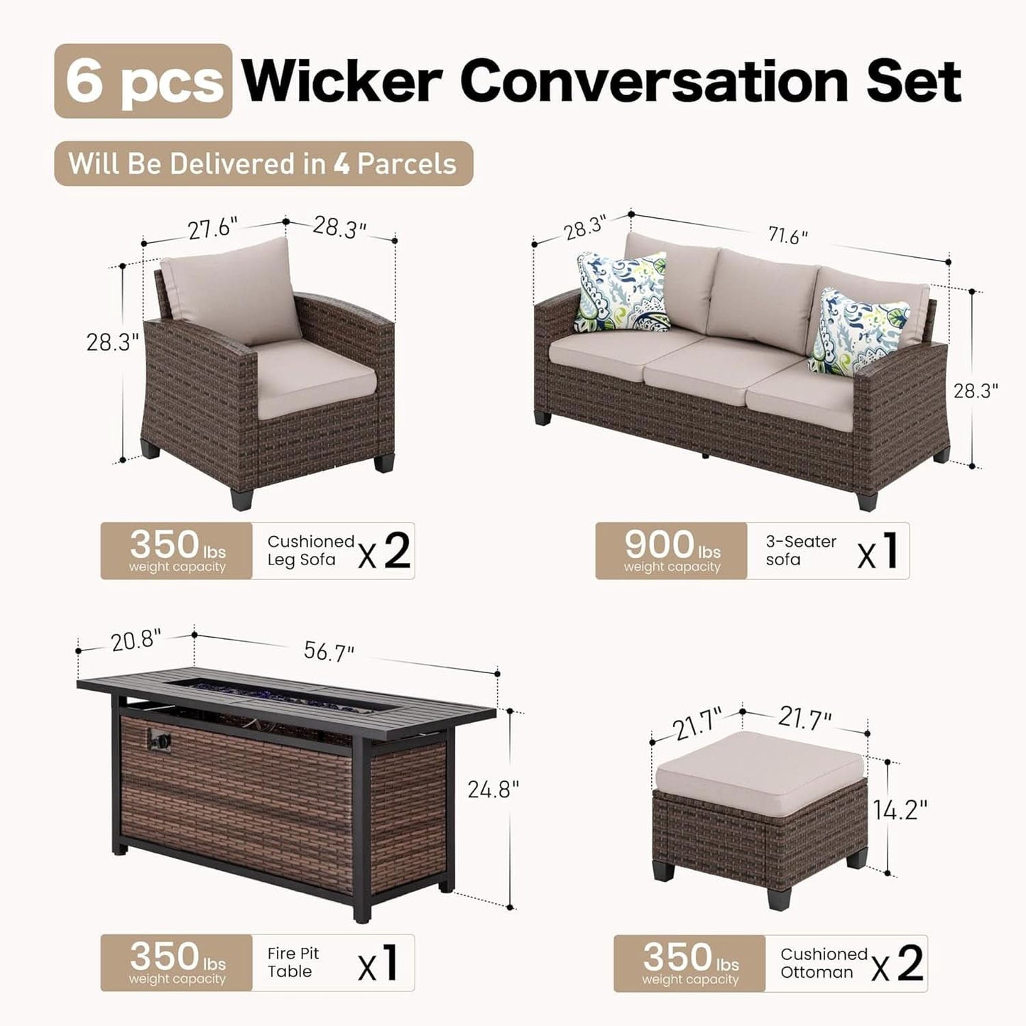 Brown Wicker Patio Furniture Set With Firepit Table 7 Seats