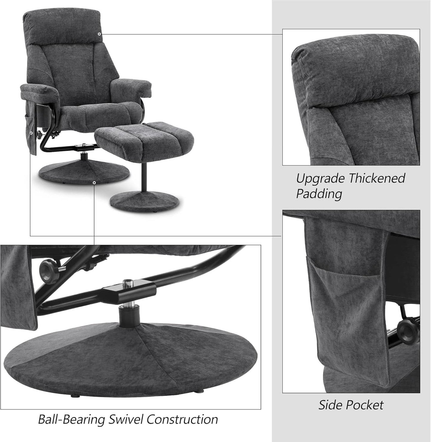 Dark Grey Swivel Recliner With Ottoman Vibration Massage