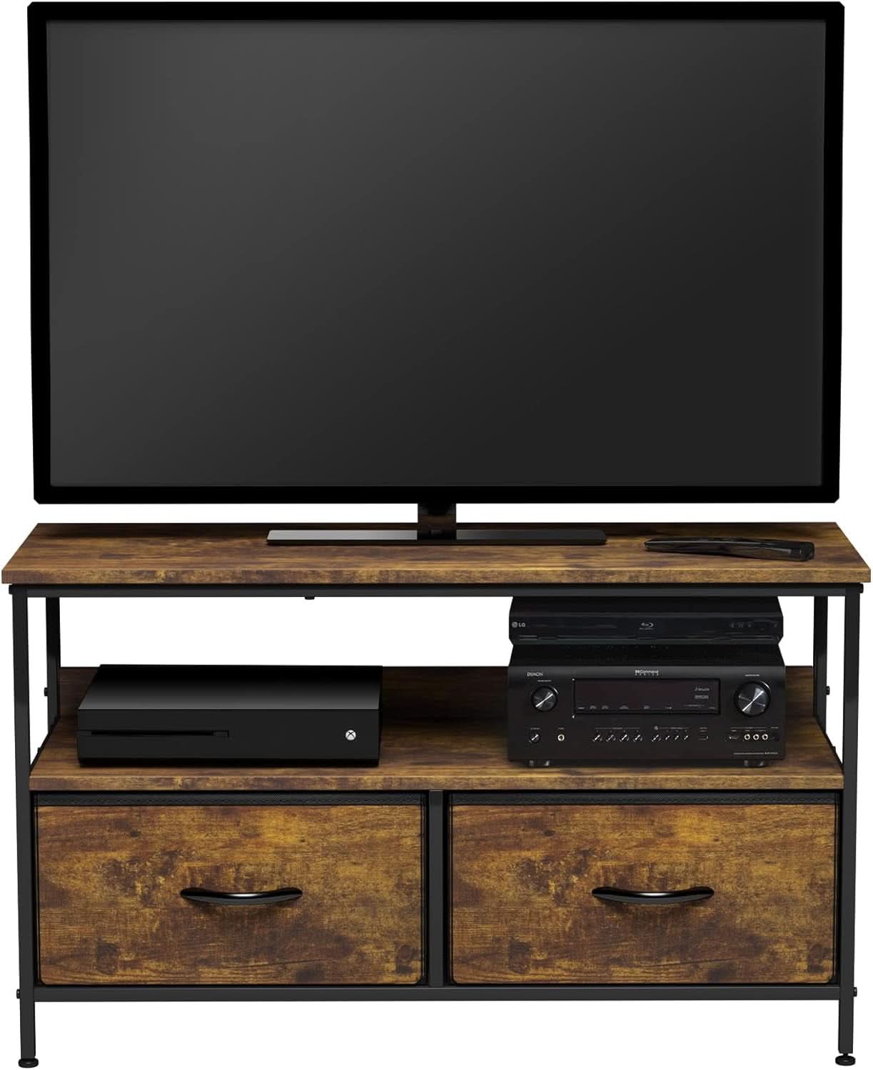 2 Drawer TV Stand Chest For Living Room With Open Shelf And Fabric Drawers For Media Storage
