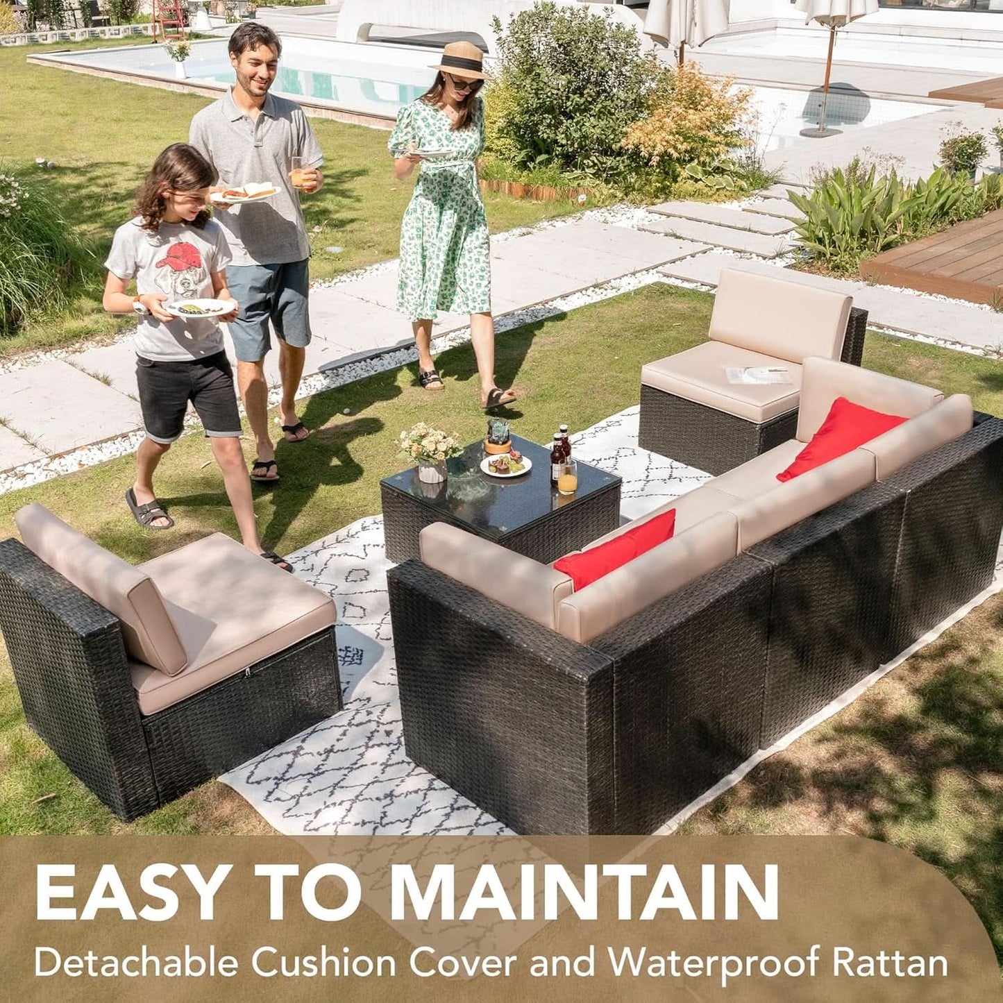 Six Piece Outdoor Rattan Sectional Sofa Set with Cushions