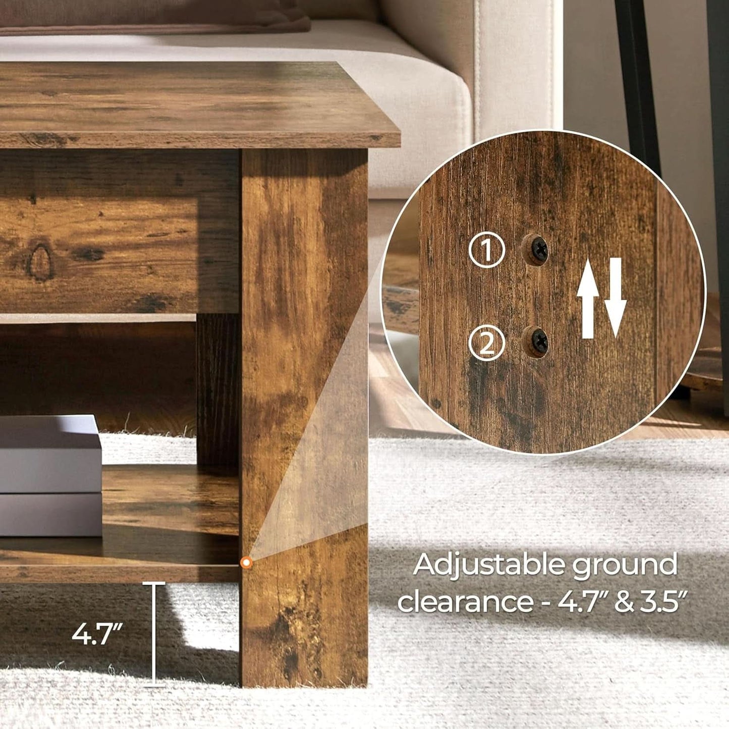 Coffee Table 47.5 Inch Lift Top With Hidden Compartment Rustic Brown