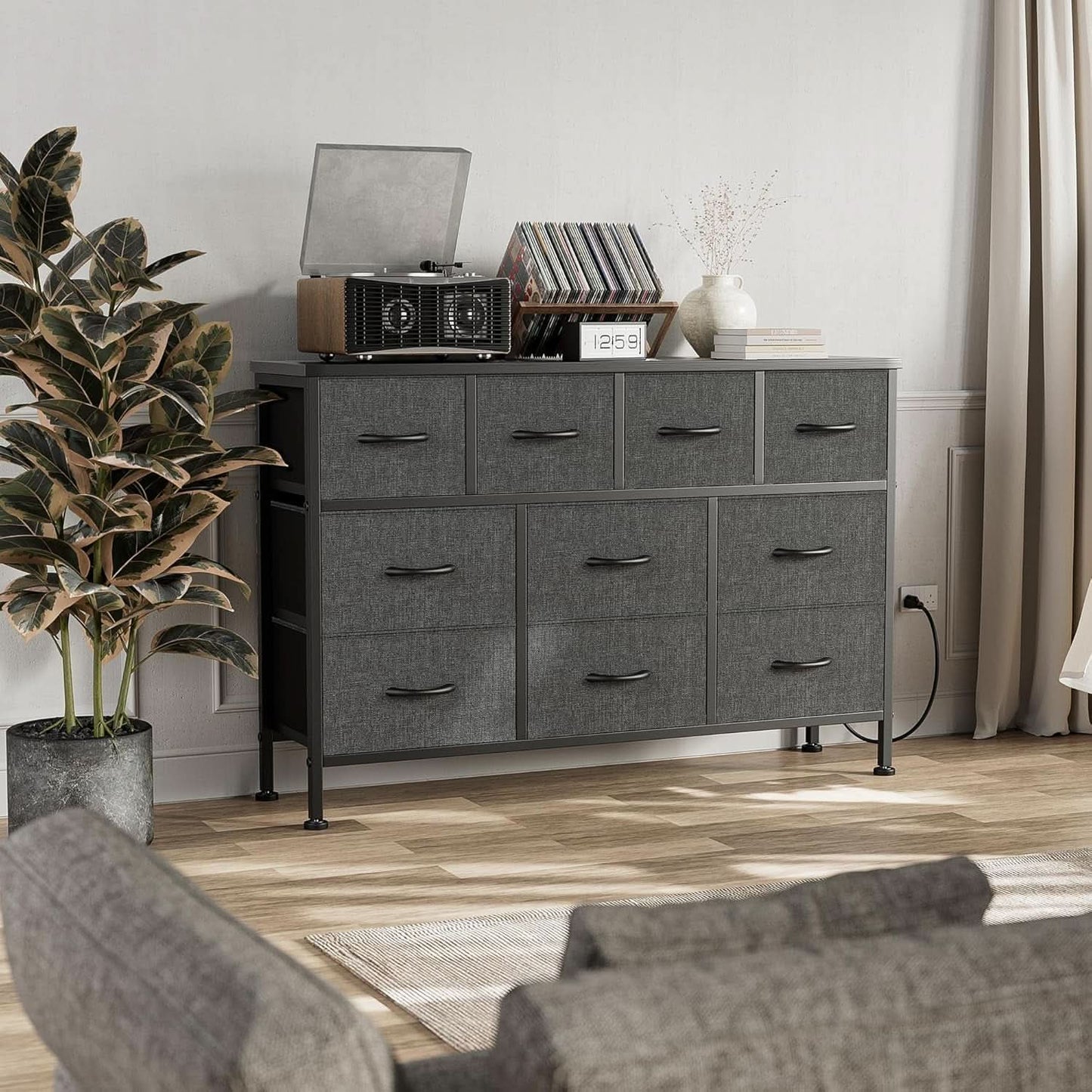 Grey 10 Drawer Dresser TV Stand With Power Outlets