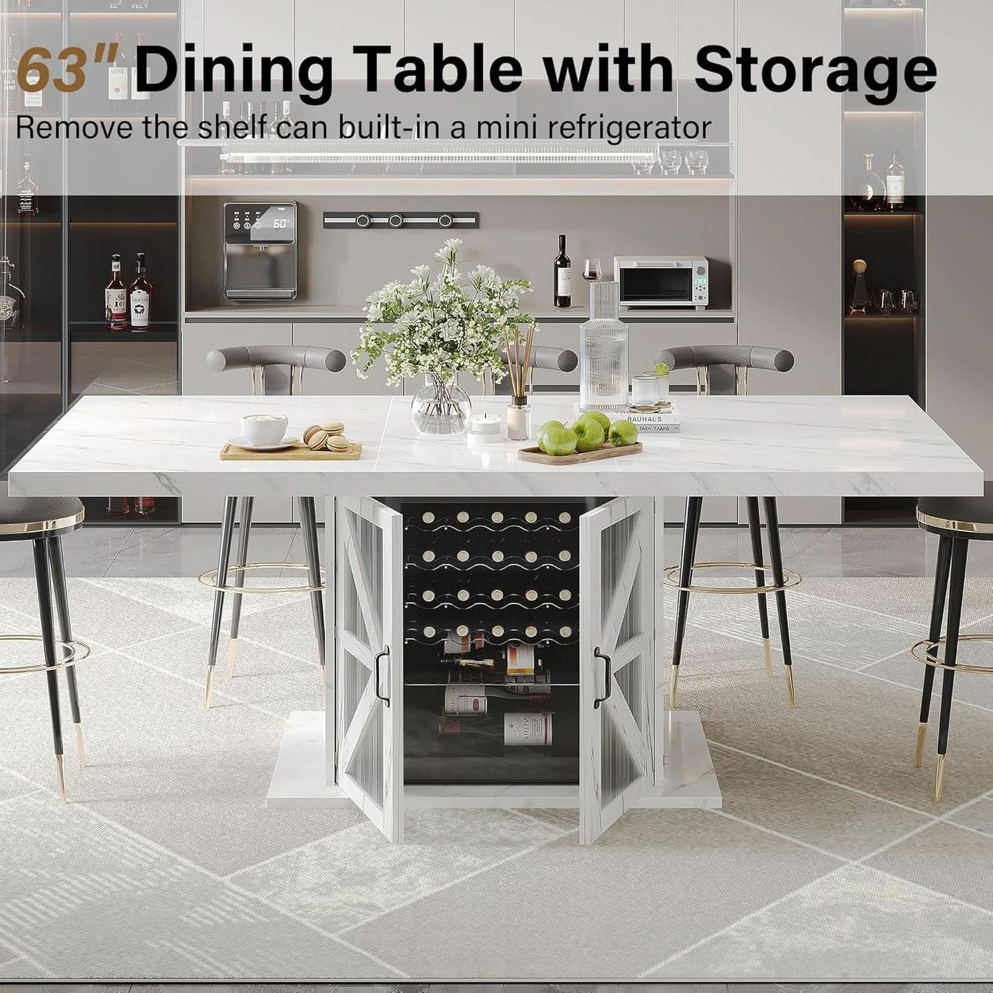 63 Inch White Rectangular Dining Table With Storage