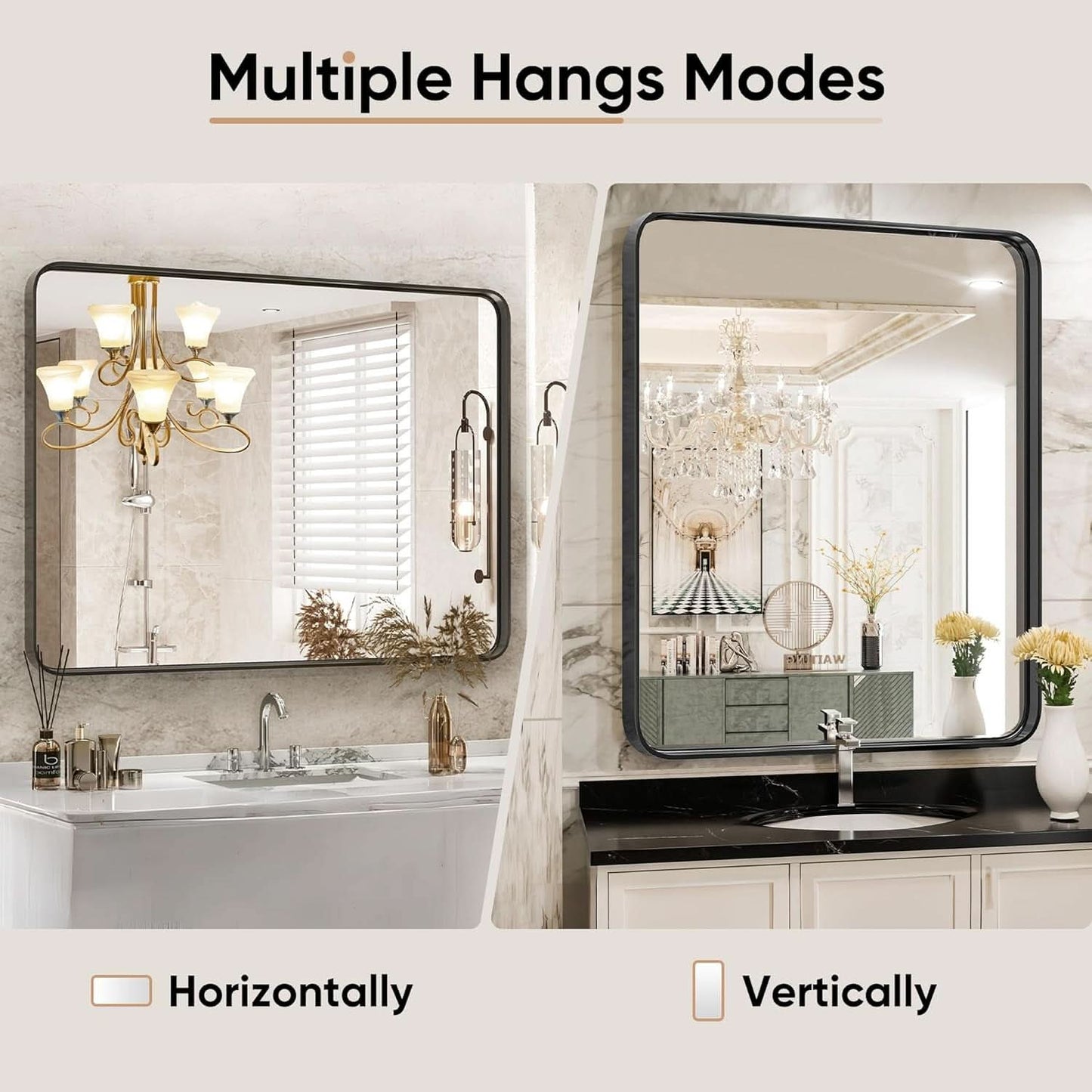 Black Metal Framed Vanity Mirror 36x24 Inch For Over Sink