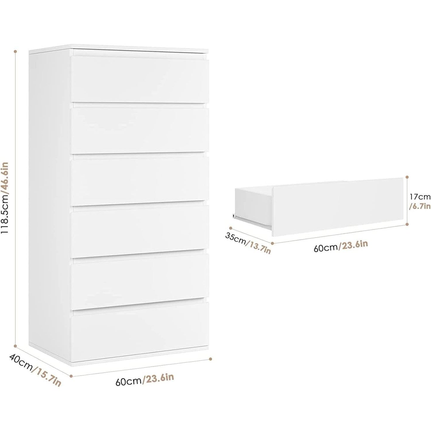 White Wooden 6 Drawer Bedroom Dresser With Sliding Rails