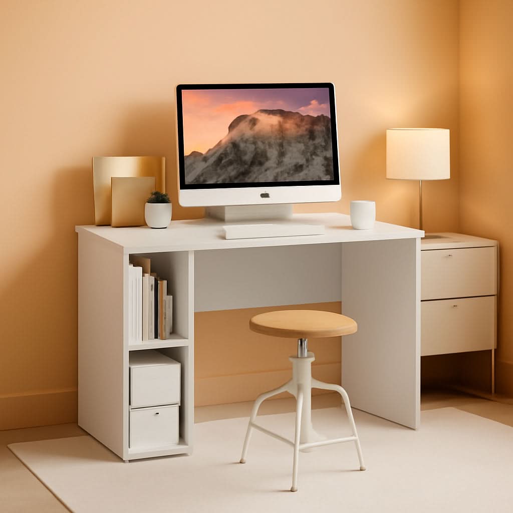 White Home Office Desk With Open Shelves 38 Inch Width