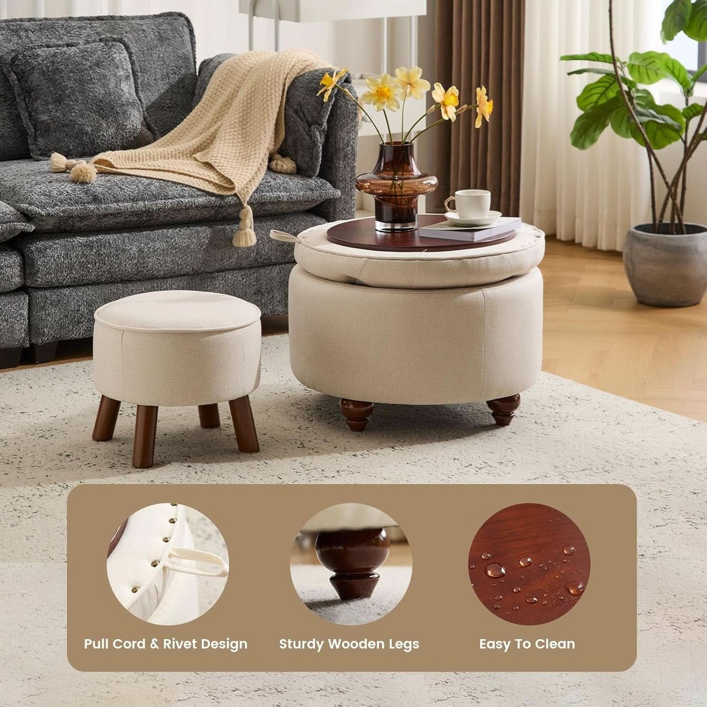 24 Inch Round Khaki Storage Ottoman Removable Top Cover