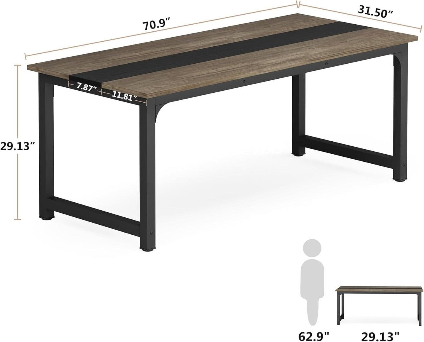 70.8 Inch Executive Desk Vintage Grey Black Large Office Computer Desk