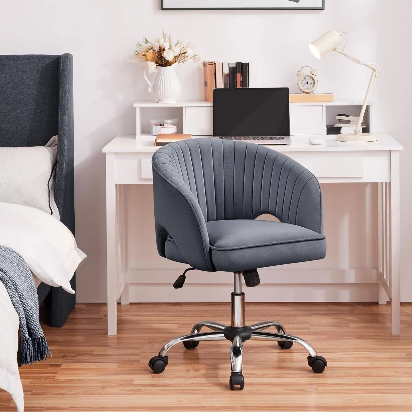 Dark Gray Velvet Swivel Office Chair Tufted Barrel Back