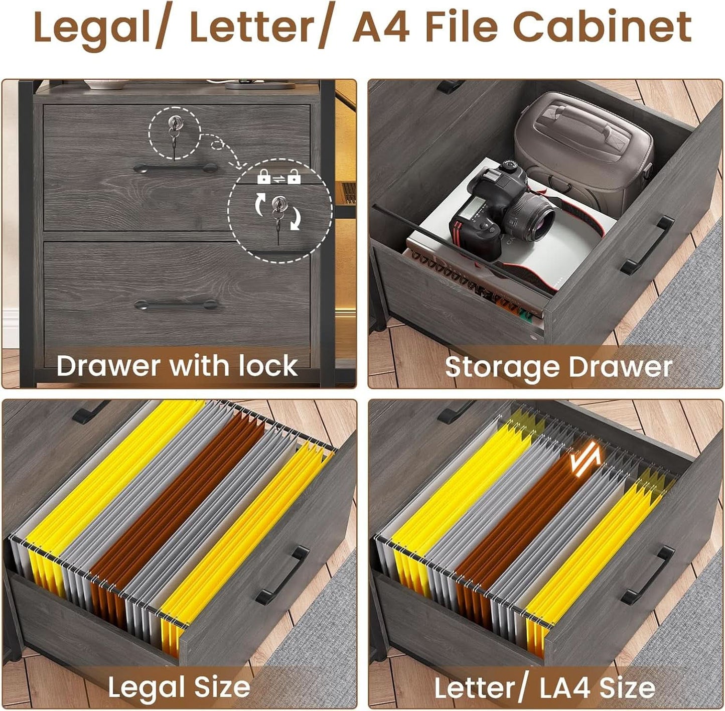 Grey 2 Drawer File Cabinet Lock For Letter Legal A4 Files