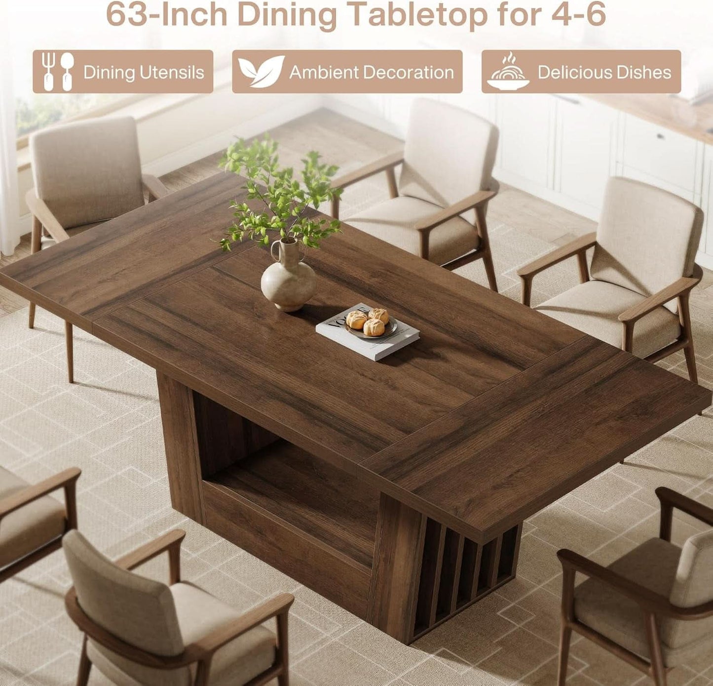 63 Inch Brown Farmhouse Wood Dining Table Heavy Duty Base