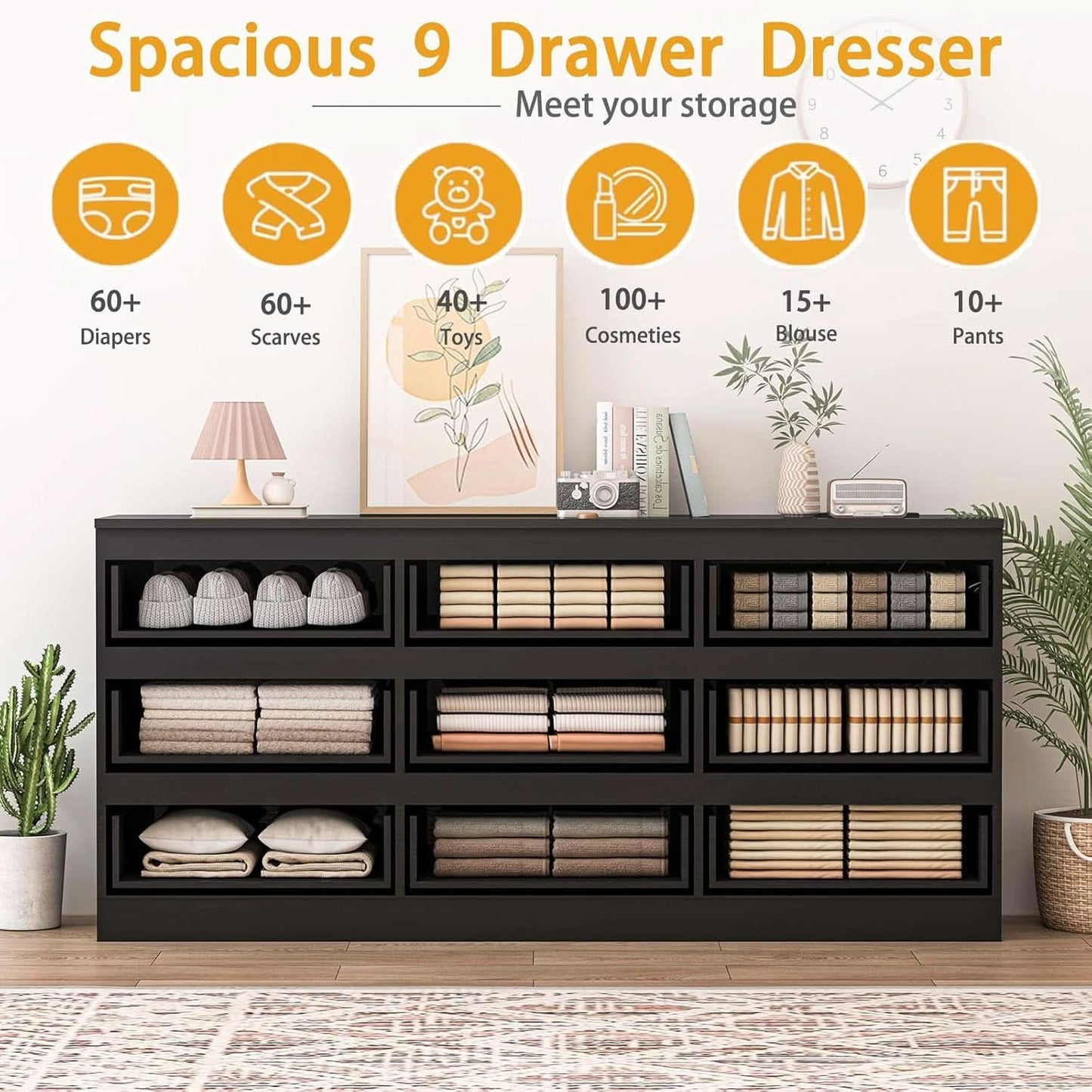 70 Inch Black Dresser With Built In Power Outlets Storage