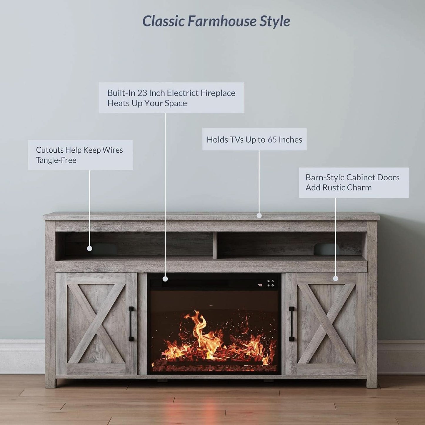 Barn Door Electric Fireplace TV Stand For 65 Inch TVs Gray