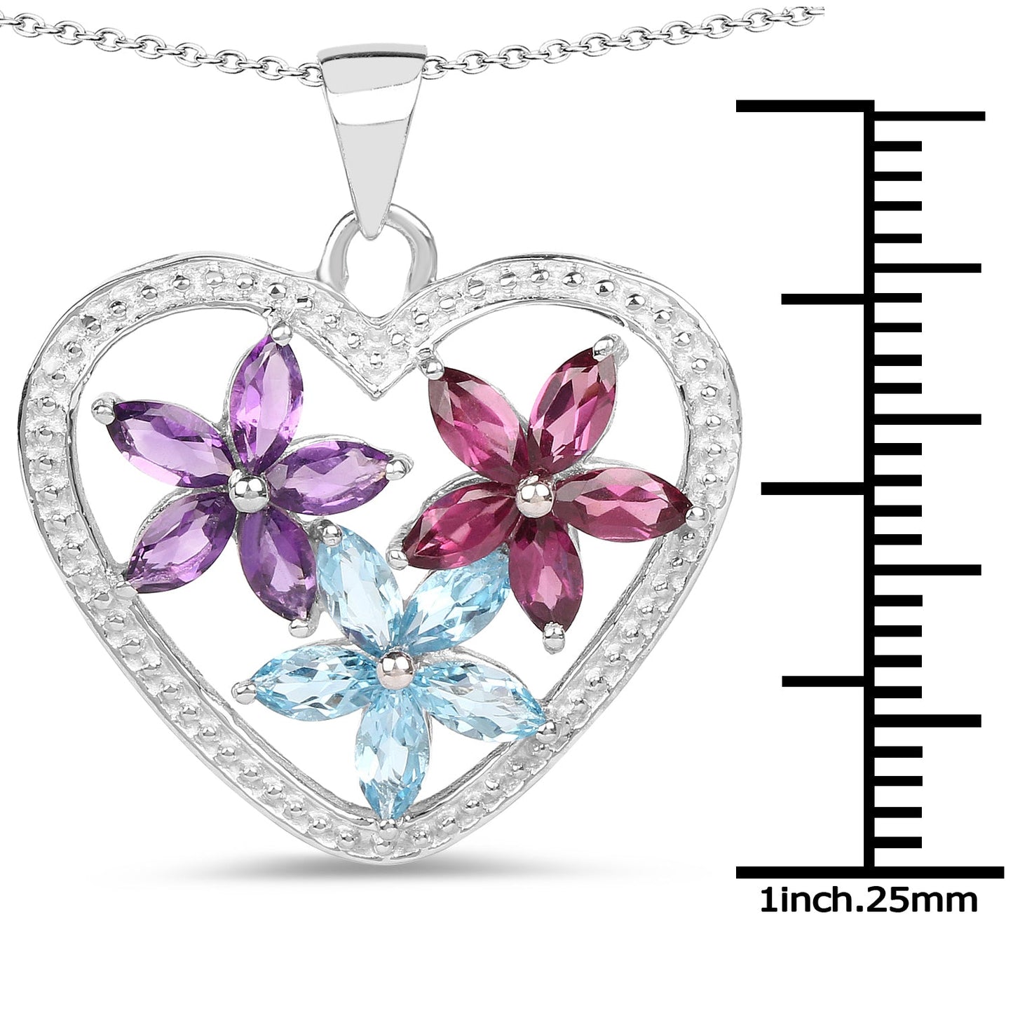 2.35 Carat Genuine Amethyst, Swiss Blue Topaz and Rhodolite .925 Sterling Silver Pendant