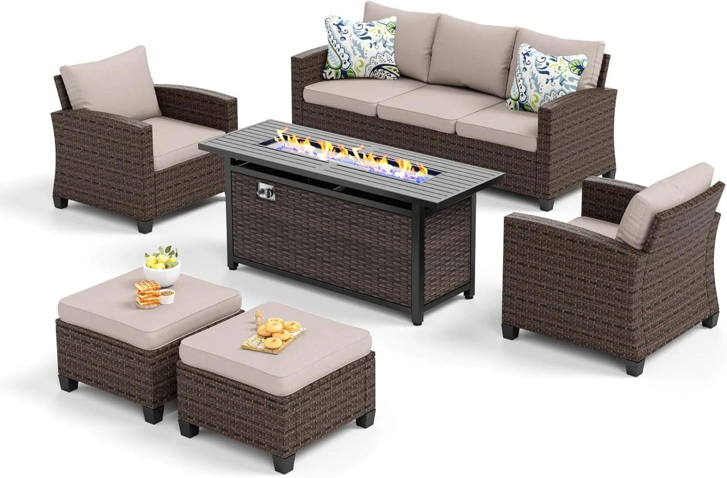 Brown Wicker Patio Furniture Set With Firepit Table 7 Seats