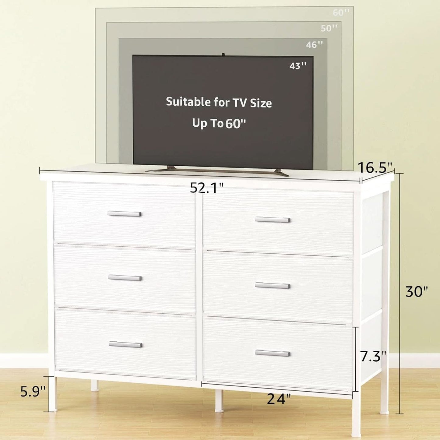 White Premium Fabric Dresser With Six Drawers And Wood Top
